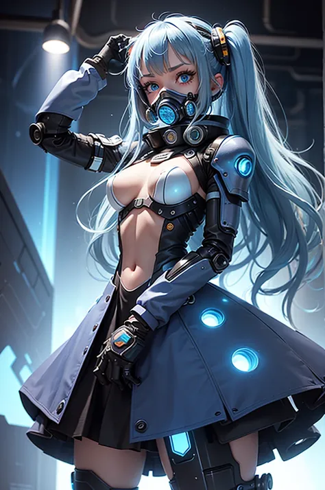 View from below angle from below girl mecha half cyborg, with long blue hair, with blue eyes, with a gas mask on his face, cybernetic suit blue, costume parts with blue lights and LEDs, a multitude of glowing blue lights, hands prosthetics, wide hips and s...