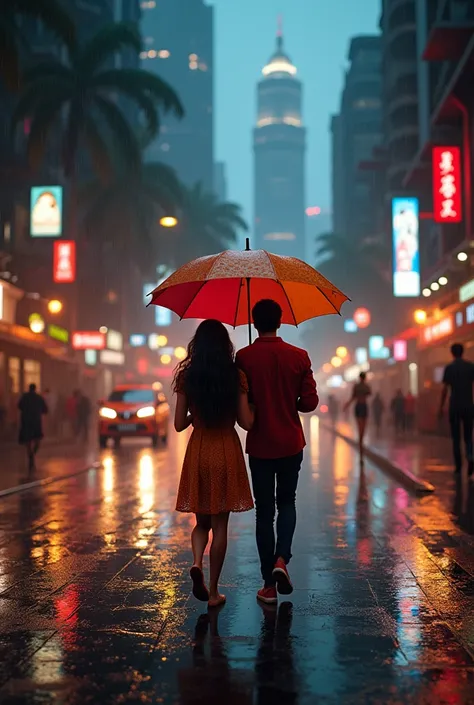 Generate an image with mumbai city light rainy scene with couple  holding umbrella and rainy streets reflection walking on road 