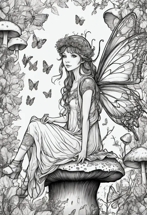 a delicate fairy with fairy wings resting on a giant mushroom, clean line art, white background, colouring page, clean outline, ...