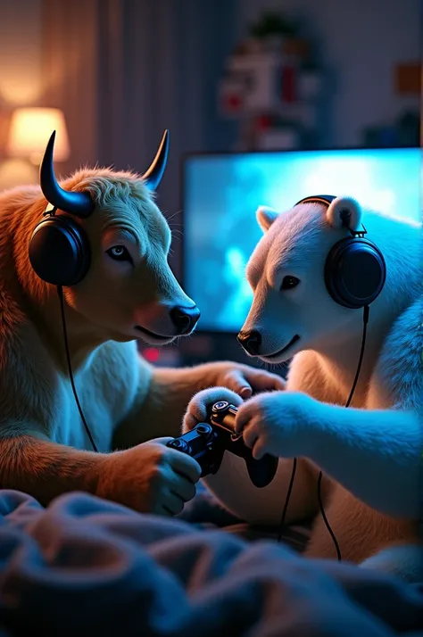 Photo for a YouTube channel cover, a cow and a polar bear playing video games, both with a PS5 controller in their hands and both with headsets on their heads, both very angry animals.