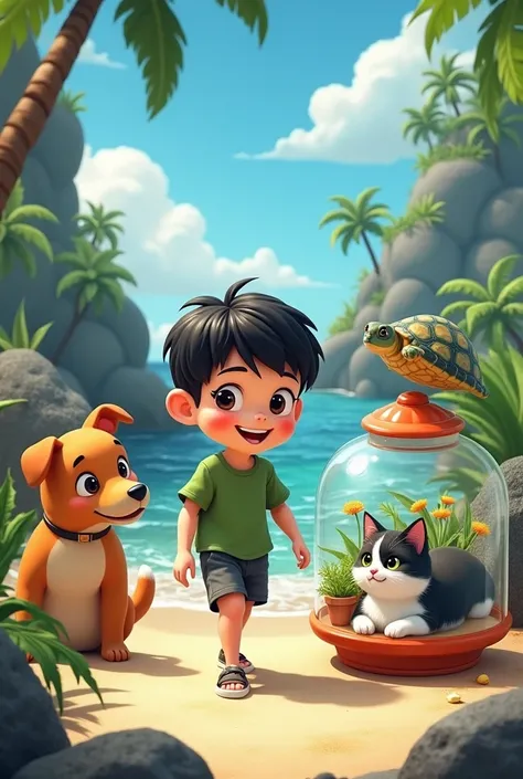 gato preto e branco, giant turtle,Brunette boy, cheerfulness , CARAMEL DOG, orange and white cat terrarium, green shirt black hair adventure beach