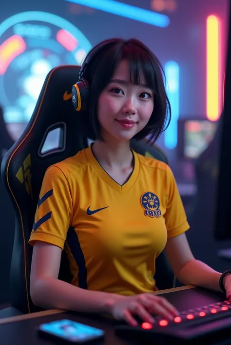 ((velocity)),Attacked by farts, (((Women farting))),(girl farting while seat on seat and playing game on smartphone)),smiled,blushing,velocity,(a female pro player), (wearing a yellow RRQ e-sport jersey and tight dress),(tighhighs),(sit facing the screen),...