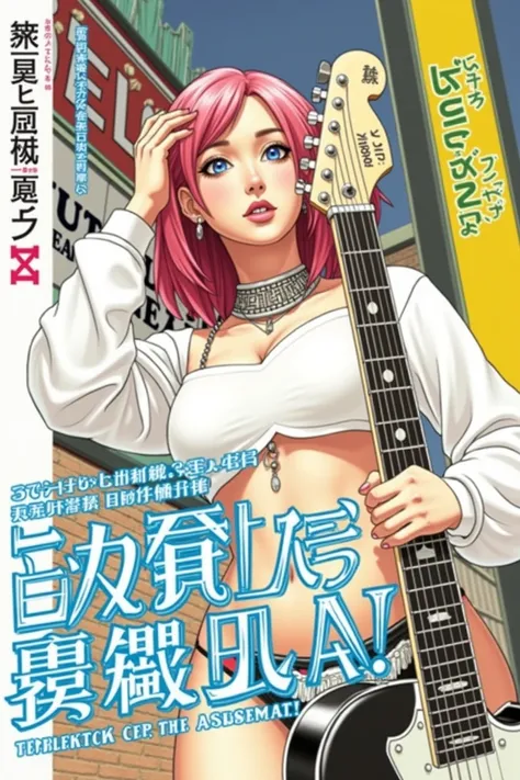 Poster layout for adult video, with text on screen: "The underground rock band vocalist is so cute that I decided to take off her clothes &quot;Ryoko Arisugawa&quot; &quot;AV Debut!"、(((Japanese woman carrying a large black guitar case))), 26 year old adul...