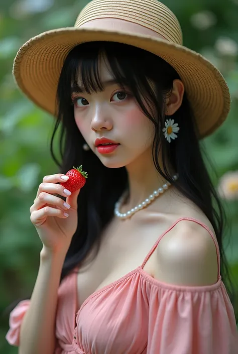 Long black hair girl with bangs and long front locks, blue eyes, pale skin, huge breasts, eating strawberries in a garden, {{Close up photo of the face}} with very small and simple daisy earrings on her ears, and a simple and common necklace of pearls. wit...