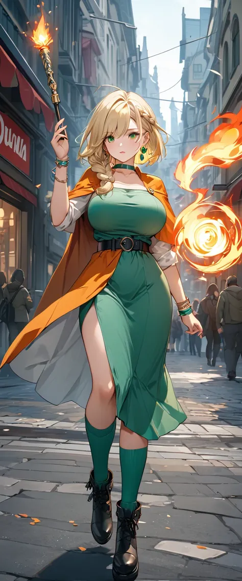 (8k, masterpiece, Highest quality, High resolution, Ultra-fine illustrations:1.2), (Beautiful attention to detail:1.2), One girl, alone, city, Outdoor, DQ Bianca, Single Blade, Earrings, choker, Orange Cape, Green Dress, belt, bracelet, Black boots, Green ...