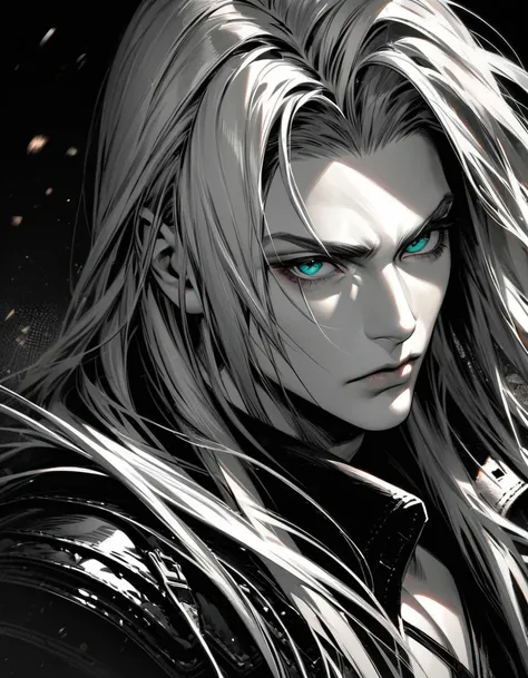 Ultra detailed, Highres, absurdres, HDR, Sephiroth,  silver hair, Final Fantasy VII Remake, handsome, 1 man only,  monochrome , serious, portrait, full body