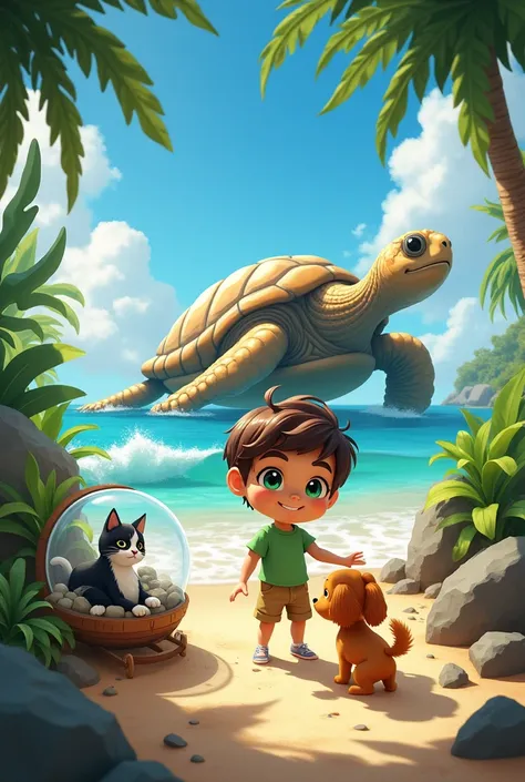 gato preto e branco, giant giant turtle,Brunette boy, cheerfulness , CARAMEL DOG, orange and white cat terrarium, green shirt black hair adventure beach