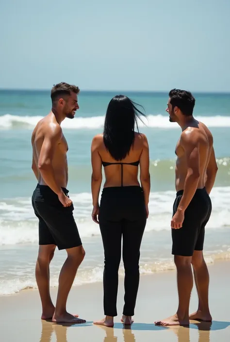 barefoot, black hair,black pants, braless woman chatting with male friends on the beach