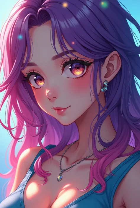 Close-up of a woman with colorful hair and necklace, anime girl with cosmic hair, soft vitality of Rossdraws, artwork in Guvez style, fantasy art style, colorful], vibrant fantasy style, Rossdraws cartoon full of vitality, universe and colorful, Guweiz, co...