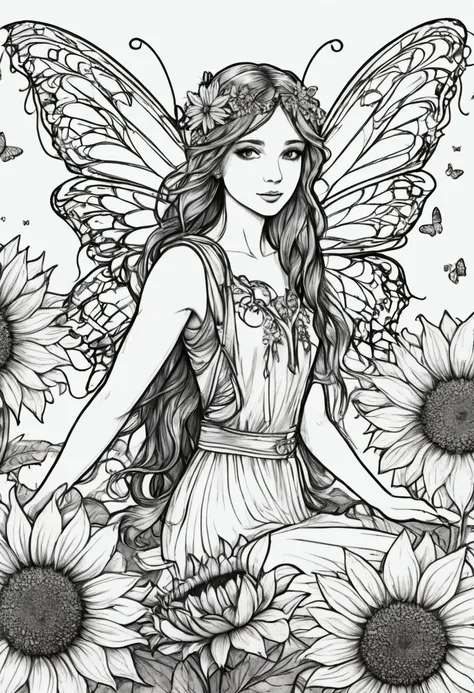 a delicate fairy with butterfly wings resting on a giant sunflower, clean line art, white background, colouring page, clean outl...