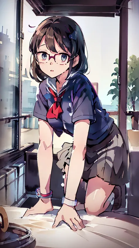 moon，Blue light、Night、sea、sky、a beautiful detailed schoolgirl with short brown hair and red-framed glasses, wearing a white blouse and navy skirt, her white panties visible, navy socks and brown loafers, in a state of arousal and trembling with sexual clim...