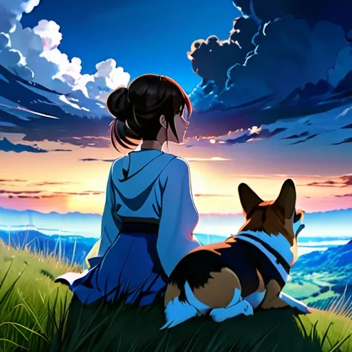 anime landscape of a girl＆cute corgidog sitting on a hill with grasses with dark blue clouds, blue cere sky  lightly   big bell   with few clouds, anime nature wallpapers, beautiful anime scene, beautiful anime peace scene, Makoto Shinkai Cyril Rolando, be...