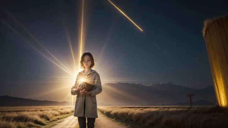 A central person, with a worried expression, holding a Bible. A beam of golden light descends from the sky, illuminating the person, symbolizing divine intervention. In the background, a golden path stretching to the horizon