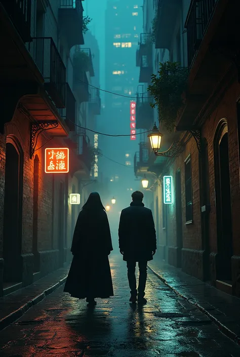 Narrow streets of city, night theme  , a woman following a man 