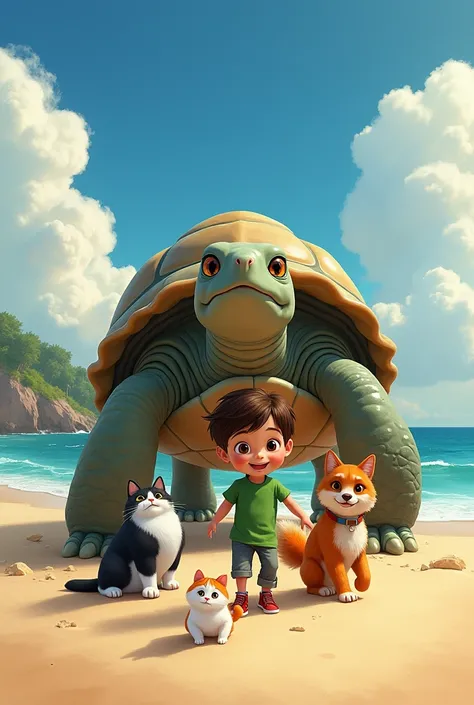 gato preto e branco, giant giant turtle,Brunette boy, cheerfulness , CARAMEL DOG,  orange and white cat, green shirt black hair adventure beach