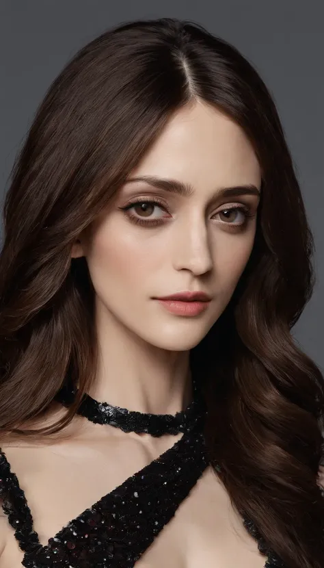 (Emmy Rossum), Long Straight Hair, Big Breasts, Sexy,1girl,solo, Slit Dress