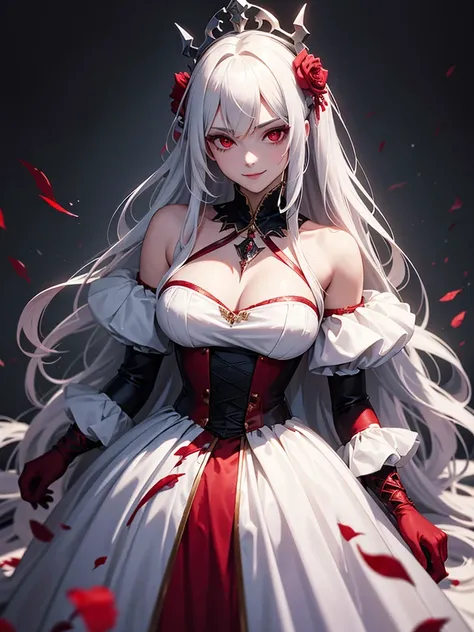 woman, red eyes, white long wavy hair, noble, like prince, sadistic smile, queen. her front hair is tied up. her. where dress like princess or queen. she sadistic and cruel women. like a strong Knight women. like fallen angel. she is the evil queen. wearin...