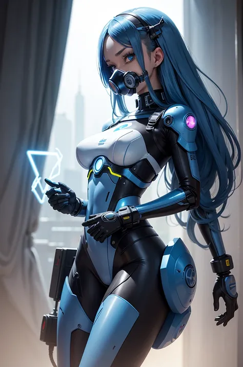 bottom angle girl mecha half cyborg, with long blue hair, with blue eyes, she looks at me, her look is attractive and flirtatious, with a gas mask on his face, cybernetic suit blue, costume parts with blue lights and LEDs, a multitude of glowing blue light...