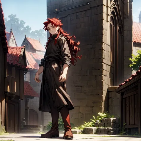 Solo character, full body version, young man, muscle, tall height, brown eyes, red color hair, long curly hair, casual clothing, black color clothing, boots, outdoor, village, medieval, morning, detailed background, detailed clothing, detailed hair, happy,...