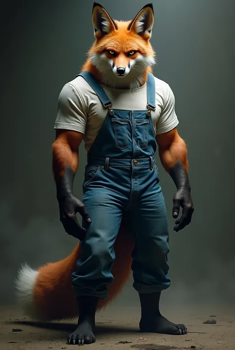 Fox with human features,strong arms ,strong legs,evil look,wearing blue and white overalls.