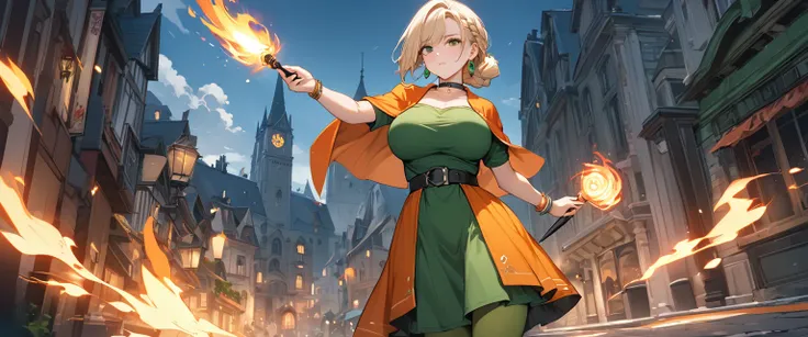 (8k, masterpiece, Highest quality, High resolution, Ultra-fine illustrations:1.2), (Beautiful attention to detail:1.2), One girl, alone, city, Outdoor, DQ Bianca, Single Blade, Earrings, choker, Orange Cape, Green Dress, belt, bracelet, Black boots, Green ...