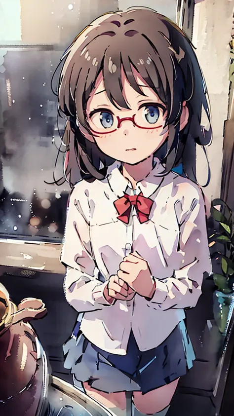 Moon、Blue　light、sky、sea、Nsfw、masterpiece, high quality, 4K, HDR,, Stable Diffusion prompt:  schoolgirl with short、brown hair and red-framed glasses, wearing a white blouse and navy skirt, white panties visible, navy socks and brown loafers, in a state of a...