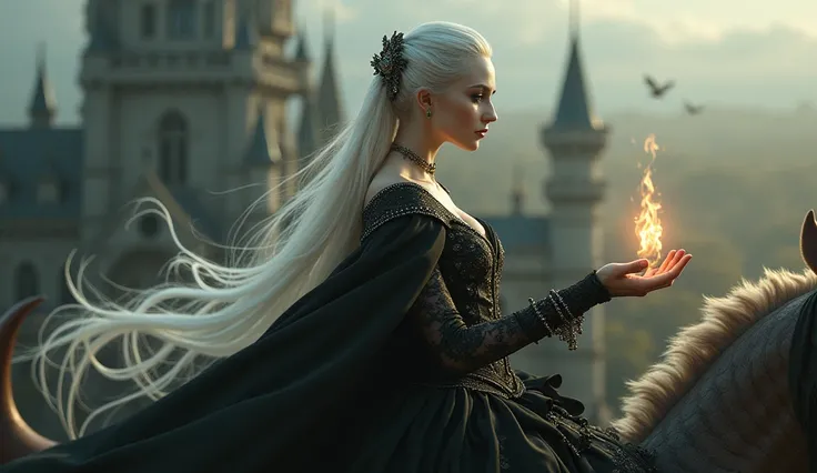 1woman, vampire queen, white long ponytail hair, detailed face, pale white skin, Victoria era dress, jewelry, ornate, riding a dragon horse, flame in hand, castle far away in background, bokeh, fantasy theme