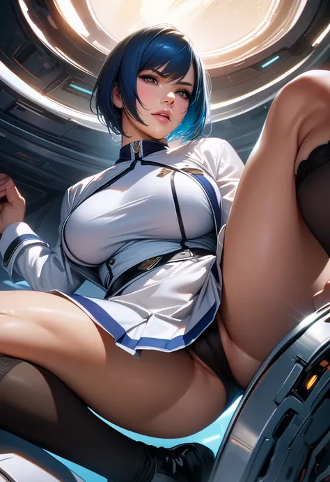 Mature Woman,Perfect hands, Perfect Fingers,Perfect Anatomy, masterpiece, Highest quality,Realistic, hyperRealistic, 16k hdr,  pb Naomi, Sunburn,Blue and white uniform, Long sleeve, White ultra mini skirt, Large Breasts, Black knee socks,(Blue Hair, Bobcut...