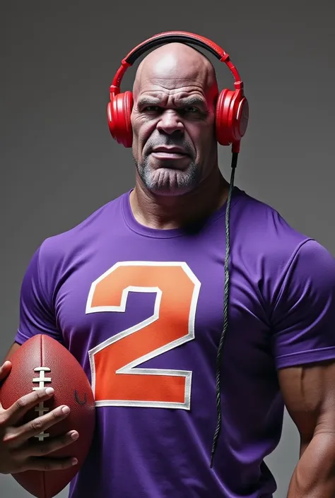 Thanos wearing a 2 live crew t shirt,  wearing red head phones and holding a football