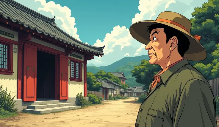 Create a dynamic and vivid comic book style illustration reminiscent of Hayao Miyazaki&#39;s distinctive style of the old Chinese farmer looking at the empty horse stable. Expressions of surprise should be seen on your face, next to you are the neighbors w...