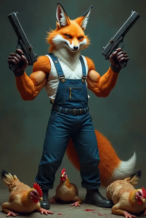 Fox with human features,strong arms ,strong legs,evil look,wearing blue and white overalls,With guns in hand ,and several dead chickens on the ground