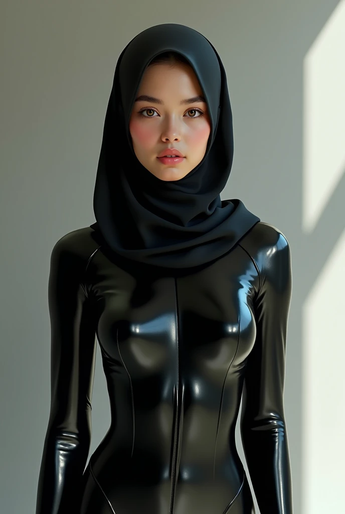 A girl wearing hijab . Innocent face. Long leg. Wearing full body black latex suit. High quality. High resolution