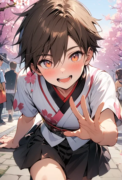 boy, 20 years old, brown hair, Japanese cherry blossom viewing festival, cherry blossom viewing outfit, bright smilies, kneeup, gentle, raising hand in invitation, masterpiece, best quality