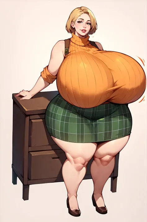 score_9, score_8_up, score_7_up, score_6_up, score_5_up, score_4_up, solo, thicc Ashely Graham from resident evil 4, ((mature mom)), short blonde hair, brown eyes, ((orange sleeveless turtleneck sweater with a burgundy sweater around her neck)), green plai...