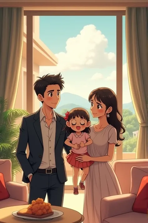 A family with one daughrt and thier background is modern mansion anime style
