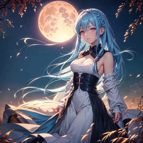 (Braiding),(Sky blue hair), (Pink eyes),(Fair skin)  ,(whole body),(One Girl),(harvest moon),(A large amount of Miscanthus sinensis in the background),autumn,(full moon),(masterpiece, Highest quality, Very detailed, Best Shadow), (Detailed Background), (Be...