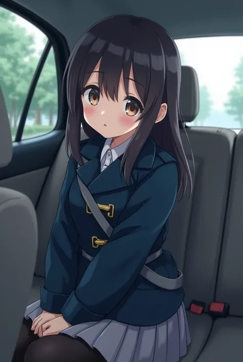 
Focus on the face of a cute high school girl,Full body shot of school girl sitting in the passenger seat of a japanese car with a seatbelt looking at me, placing her hands on her knees, wearing a dark blue duffle coat and grey pleated skirt and black tigh...