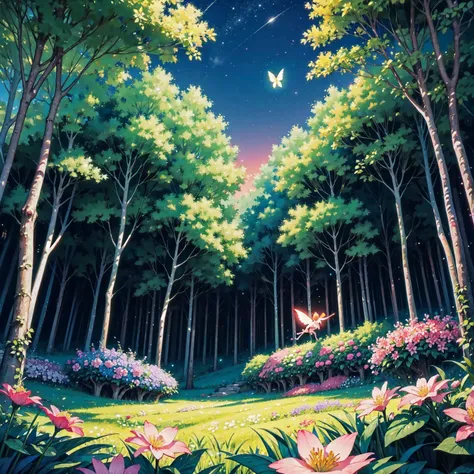 The backdrop is a peaceful, colorful setting in a vivid forest, uninhabited and full of flowers. Glowing little fairies are flying around. Background only. Dusk.