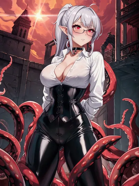 A girl, Whole body, standing, view from behind, perfect ass, big breasts, scarlet red eyes, many details, human ears, Silver hair short ponytail. The background is complex, blush rojo, frustration expression, show teeth, milky, Glasses, choker:1.6, (white ...