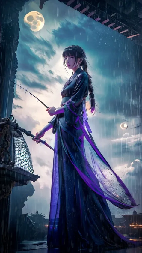 Blue eyes with elongated pupils, Big Moon，Dark Style，Light purple woman，Raised ponytail，White Hanfu，fishing net，Sweet rain