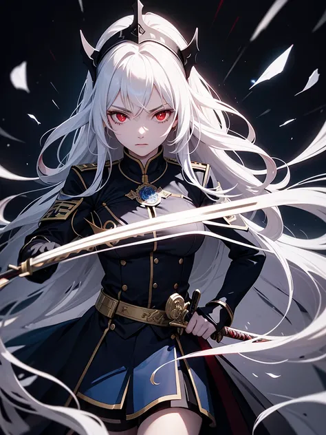 woman, red eyes, white long wavy hair, noble, wearing a black and blue uniform, fighting with a sword like a female knight, wearing flowers on her head, sadistic vampire