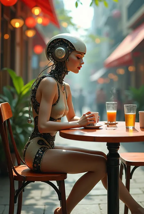 A cyborg girl sits at a table in a street cafe, Best quality, high quality, absurdity, happiness, masterpiece, Beautiful, complex parts, 1/2 body trimmings, slender body, Beautiful figure, Magnificent Anatomy, (complex parts:1.12), HDR, (complex parts, hyp...