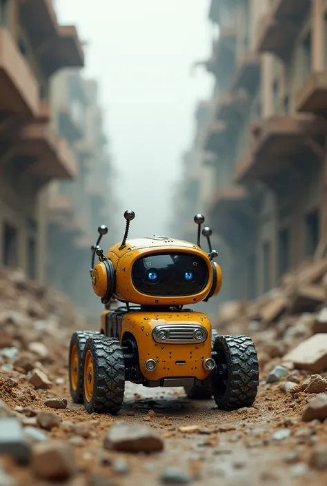 that the robot is a small toy-type car with sensors, that looks like a robot and is in a collapse 