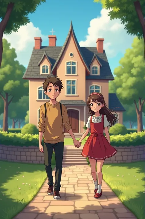 Happy family with one daughter and thier background is thier mansion anime style
