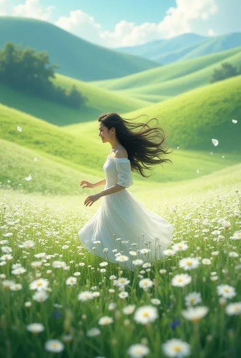 A greeny landscape with ocean of white flowers and the ambience is so light and peaceful where a woman with a long hair and wearing a white dress running in the midst of it. Make the point of view up in from the sky