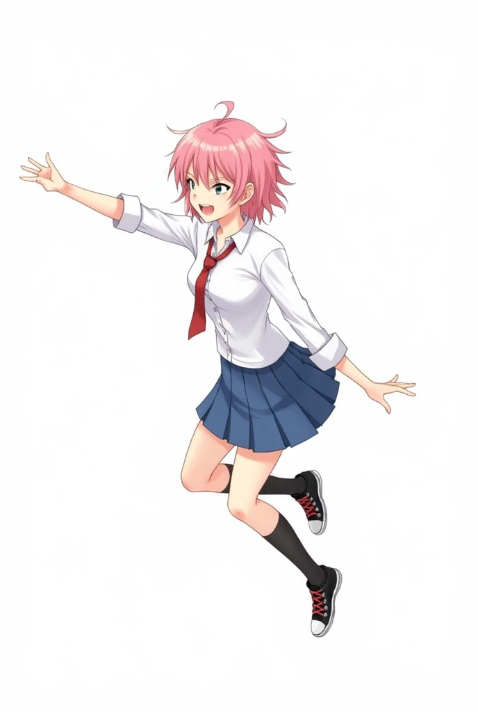 Digital illustration featuring an anime-style character in mid-air. The character has short, pink hair that appears tousled and dynamic, with a determined expression on their face. They have fair skin and are wearing a white button-up shirt with rolled-up ...