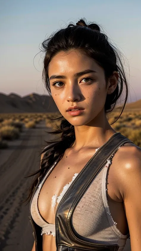 masterpiece, Transition to a desert landscape at sunset, a lonely figure, A beautiful 13-year-old American teenager emerges wearing beautiful post-apocalyptic nomadic clothes., White skin, by rubio, gray blue eyes, Freckles in the face, slim body for runni...