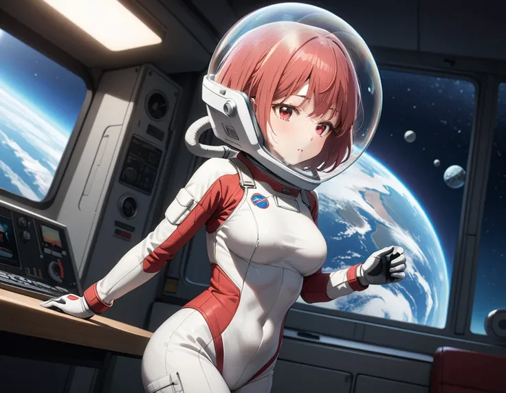 (spacesuit:1.15), white cargo pants, astronaut)bubble helmet, space helmet , , looking at the audience, indoors, masterpiece, best quality, 2girl, two girl, tits, , ,, short hair, , red eyes, from side