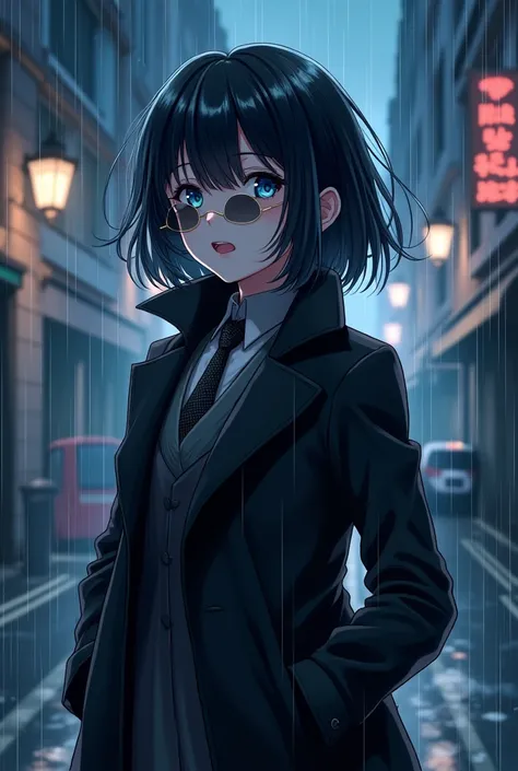 Masterpiece, top quality, illustration, {beautiful detail girl}, beautiful glow in detail, crossdressing beauty, (black jacket and trench coat), sunglasses, laughter, fangs removed, vampire, indigo eyes, rainy street corner, rain, detailed lighting, detail...