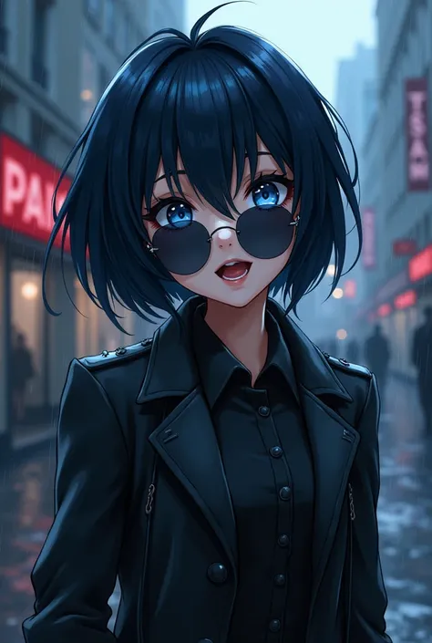 Masterpiece, top quality, illustration, {beautiful detail girl}, beautiful glow in detail, crossdressing beauty, (black jacket and trench coat), sunglasses, laughter, fangs removed, vampire, indigo eyes, rainy street corner, rain, detailed lighting, detail...